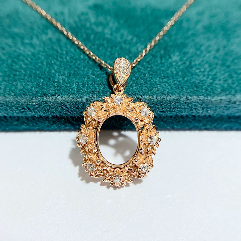 8×10mm Oval S925 Silver 3D Flower Pendant Setting for Gemstone Mounting