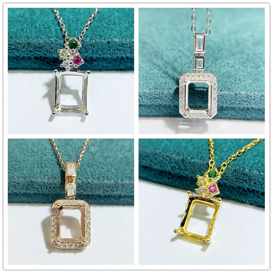 S925 Sterling Silver Square 7×9 mm Pendant Setting for DIY Jewelry Making