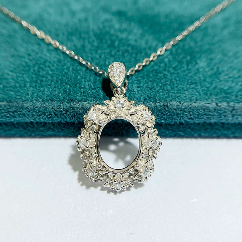 8×10mm Oval S925 Silver 3D Flower Pendant Setting for Gemstone Mounting