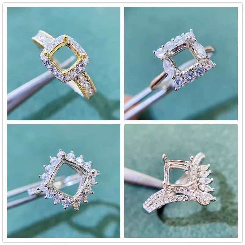 S925 Sterling Silver Square, Cushion 8 mm, 6 mm Ring Setting for DIY Jewelry Making