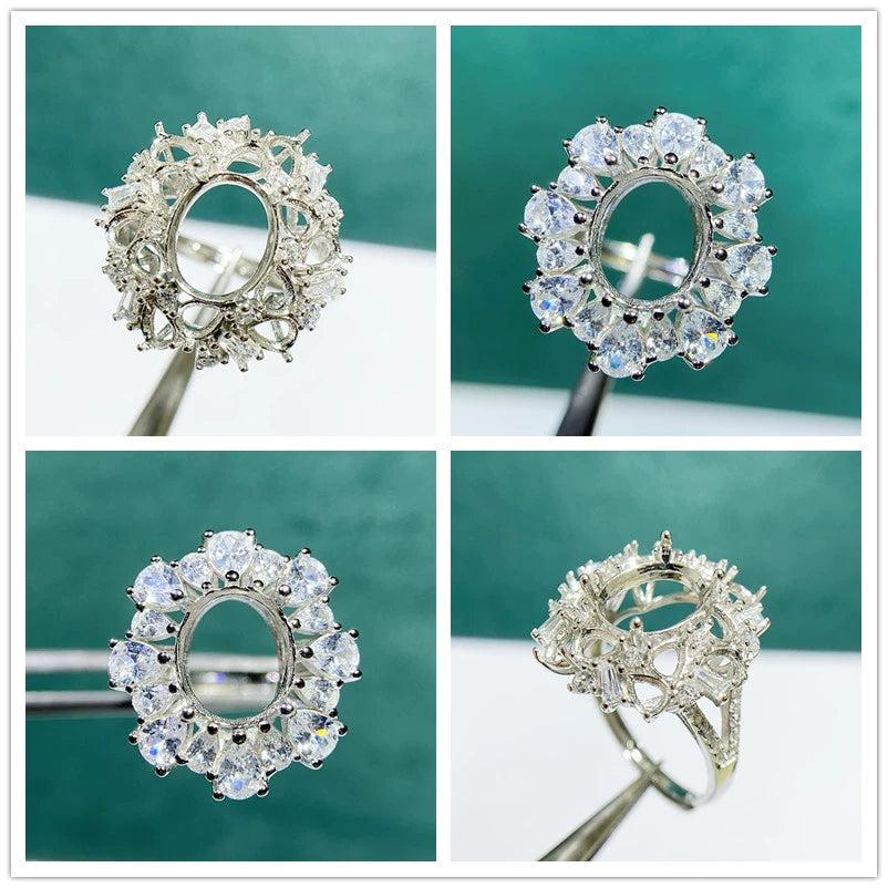 8×10mm Oval & 3×4mm Teardrop S925 Silver Adjustable Cluster Ring Setting for Gemstone Mounting