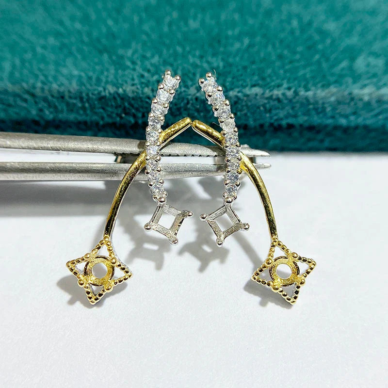 Square S925 Sterling Silver Earring Setting, Unset, For Women, Fashion Style