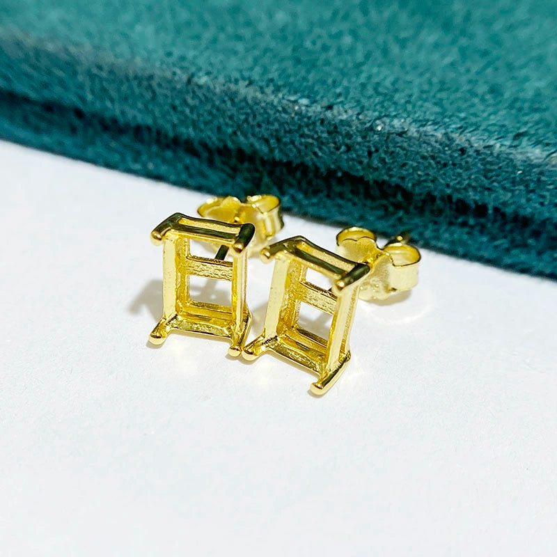 3×4 / 4×6 / 5×7 / 6×8mm Rectangular S925 Silver Stud Earring Settings, Simple Prong Design