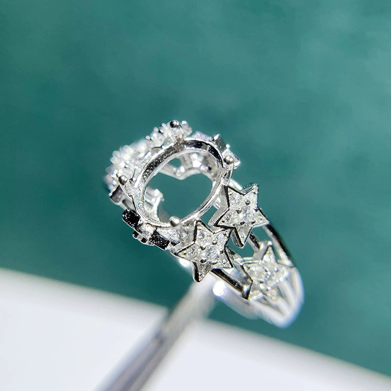 6×8mm / 7×9mm Oval S925 Silver Adjustable Star Ring Setting for Gemstone Mounting