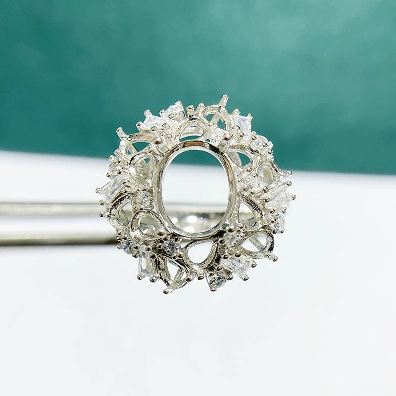 8×10mm Oval & 3×4mm Teardrop S925 Silver Adjustable Cluster Ring Setting for Gemstone Mounting