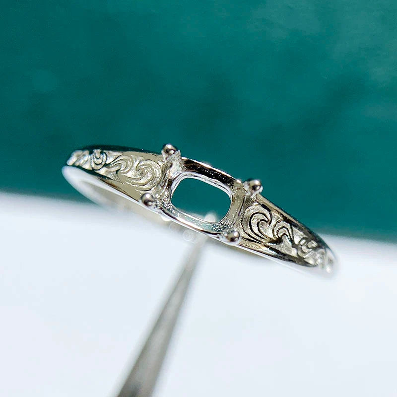 Chunky Cushion 4×5 mm S925 Sterling Silver Ring Setting, Adjustable, Unset, For Women, Vintage Style, Niche Design