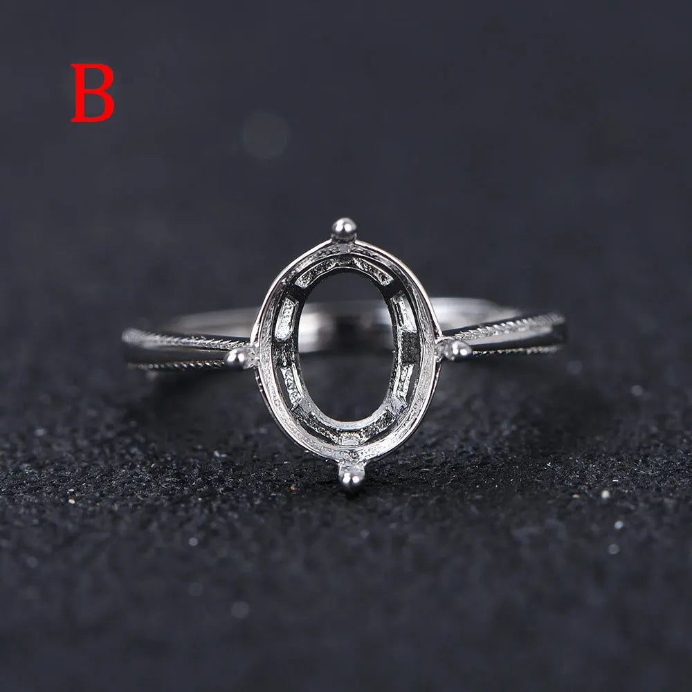 8x10mm S925 Sterling Silver Empty Ring Mount for DIY Jewelry - Multi-Styles Adjustable Prong Setting Gemstone Crafting Supplies