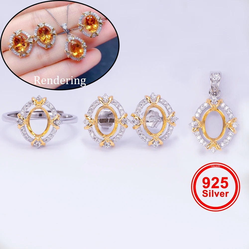 Dual-tone Plated Ring, Earrings, and Pendant Setting Kit 6*8mm, S925 Sterling Silver Material, Suitable for DIY  Jewelry