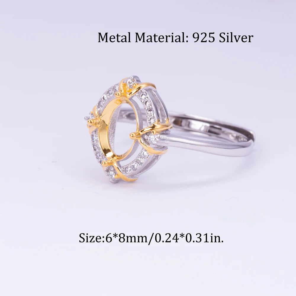 Dual-tone Plated Ring, Earrings, and Pendant Setting Kit 6*8mm, S925 Sterling Silver Material, Suitable for DIY  Jewelry