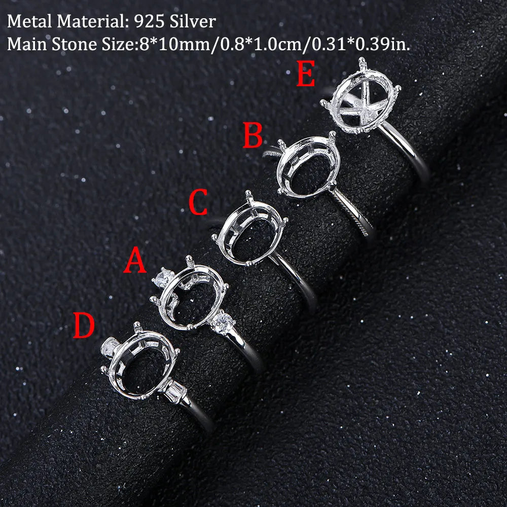 8x10mm S925 Sterling Silver Empty Ring Mount for DIY Jewelry - Multi-Styles Adjustable Prong Setting Gemstone Crafting Supplies