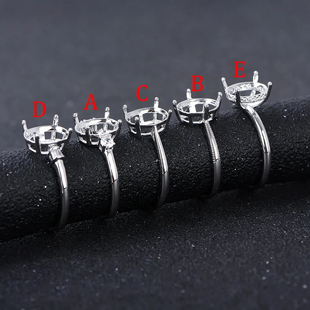 8x10mm S925 Sterling Silver Empty Ring Mount for DIY Jewelry - Multi-Styles Adjustable Prong Setting Gemstone Crafting Supplies