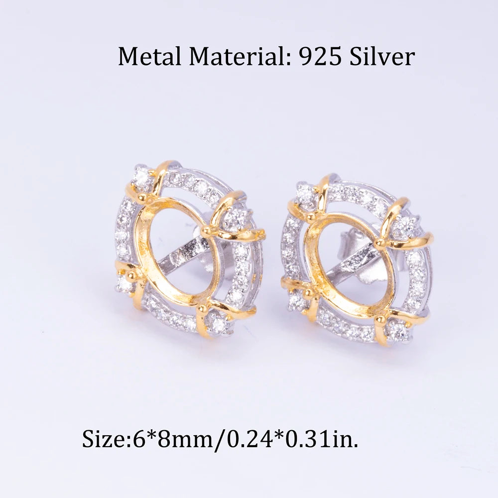 Dual-tone Plated Ring, Earrings, and Pendant Setting Kit 6*8mm, S925 Sterling Silver Material, Suitable for DIY  Jewelry
