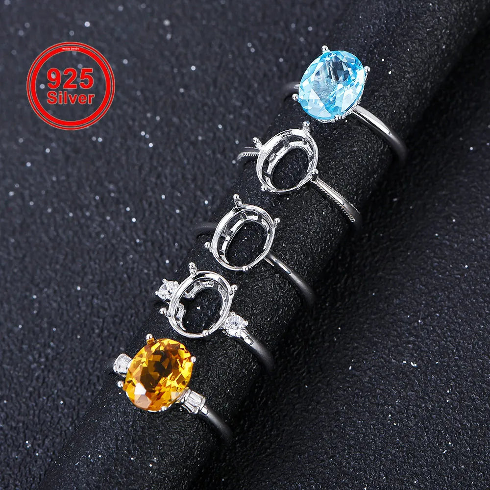 8x10mm S925 Sterling Silver Empty Ring Mount for DIY Jewelry - Multi-Styles Adjustable Prong Setting Gemstone Crafting Supplies