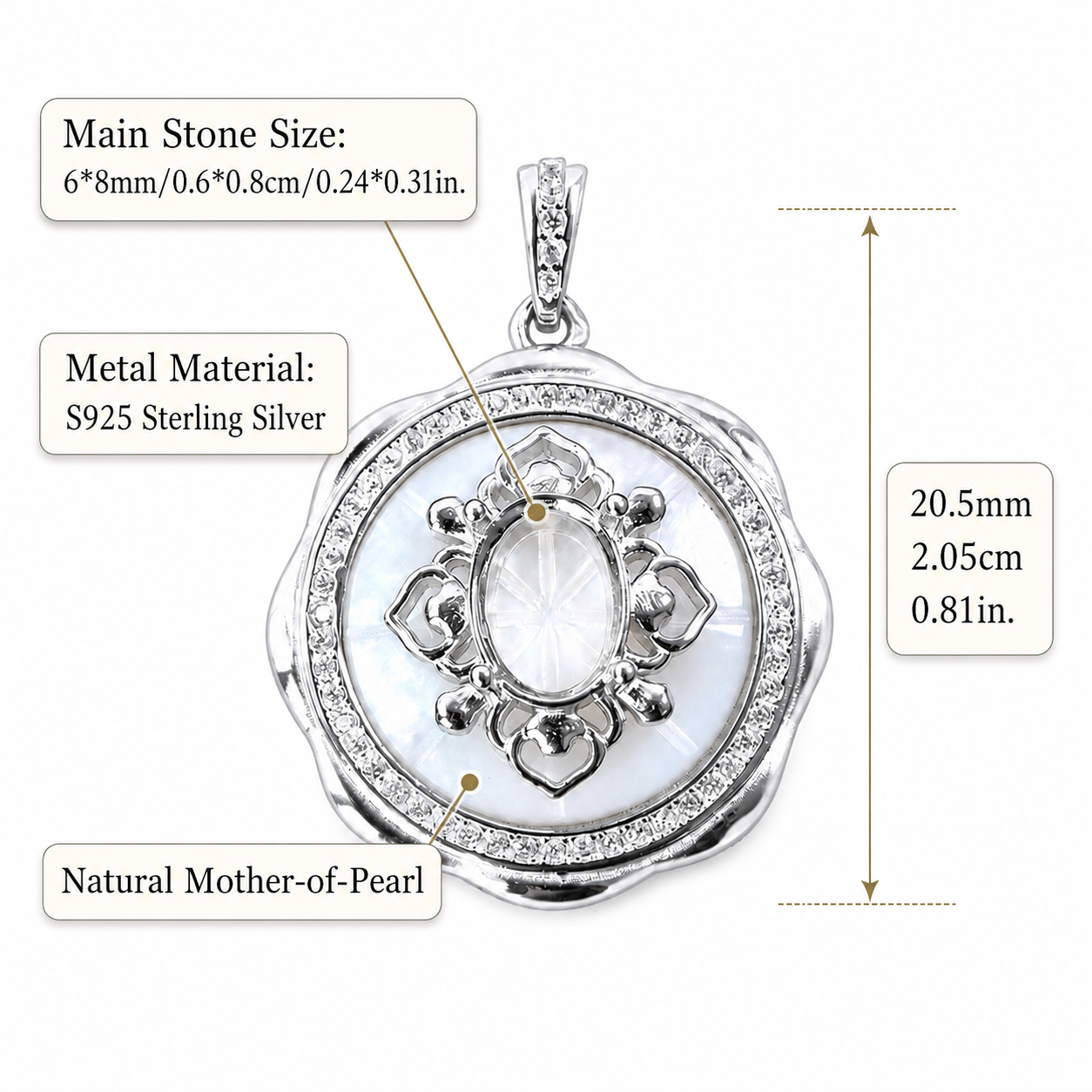 6×8mm Natural Mother of Pearl Vintage Pendant in S925 Sterling Silver