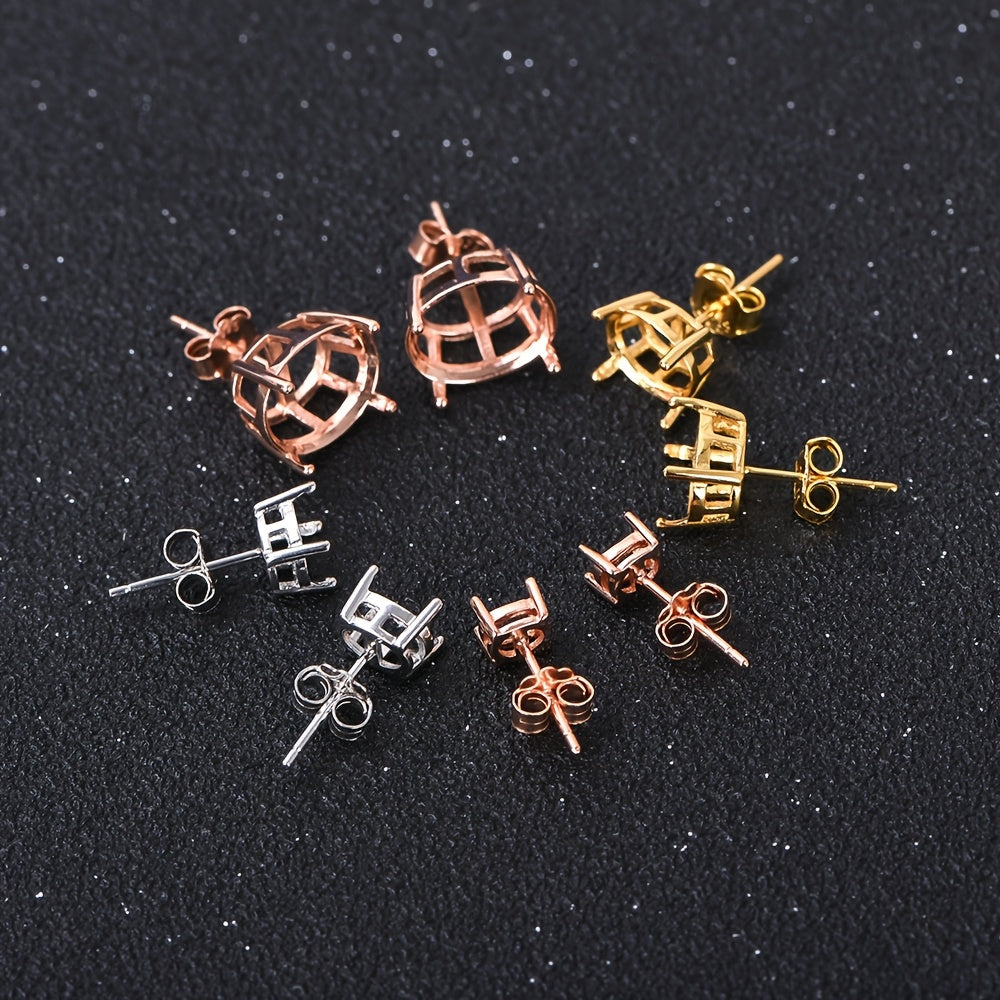 1 Pair Oval 4-Prong Silvery Golden Rose Golden Color Solid 925 Sterling Silvery Stud Earring Settings DIY Jewelry Supplies, Jewelry Making
