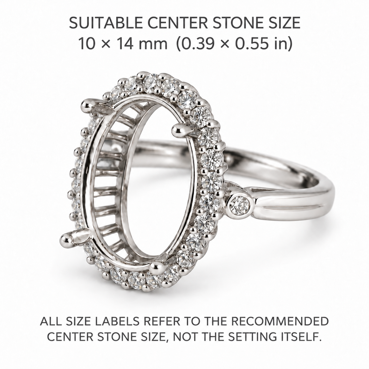 Side view of S925 sterling silver ring setting for a 10×14mm oval gemstone
