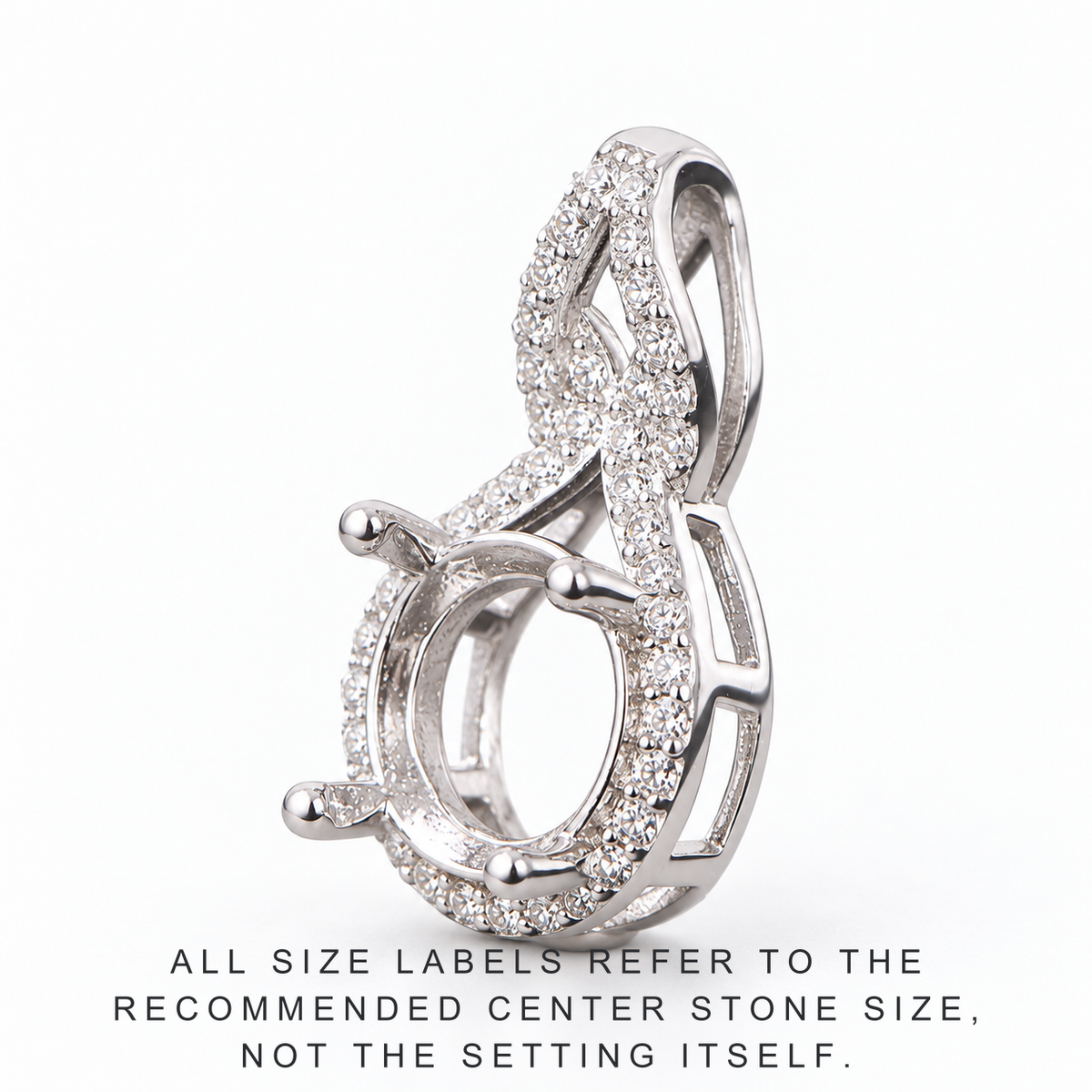 Close up view of 925 sterling silver gourd pendant mount showing pavé halo and 4 prong setting