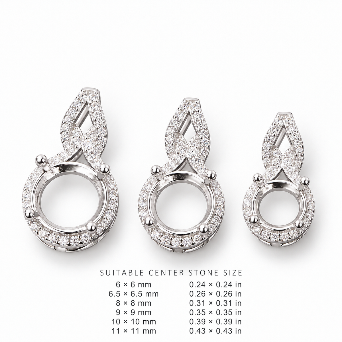 5–11mm Gourd 925 Silver Pendant Setting suitable center stone size chart 6mm to 11mm